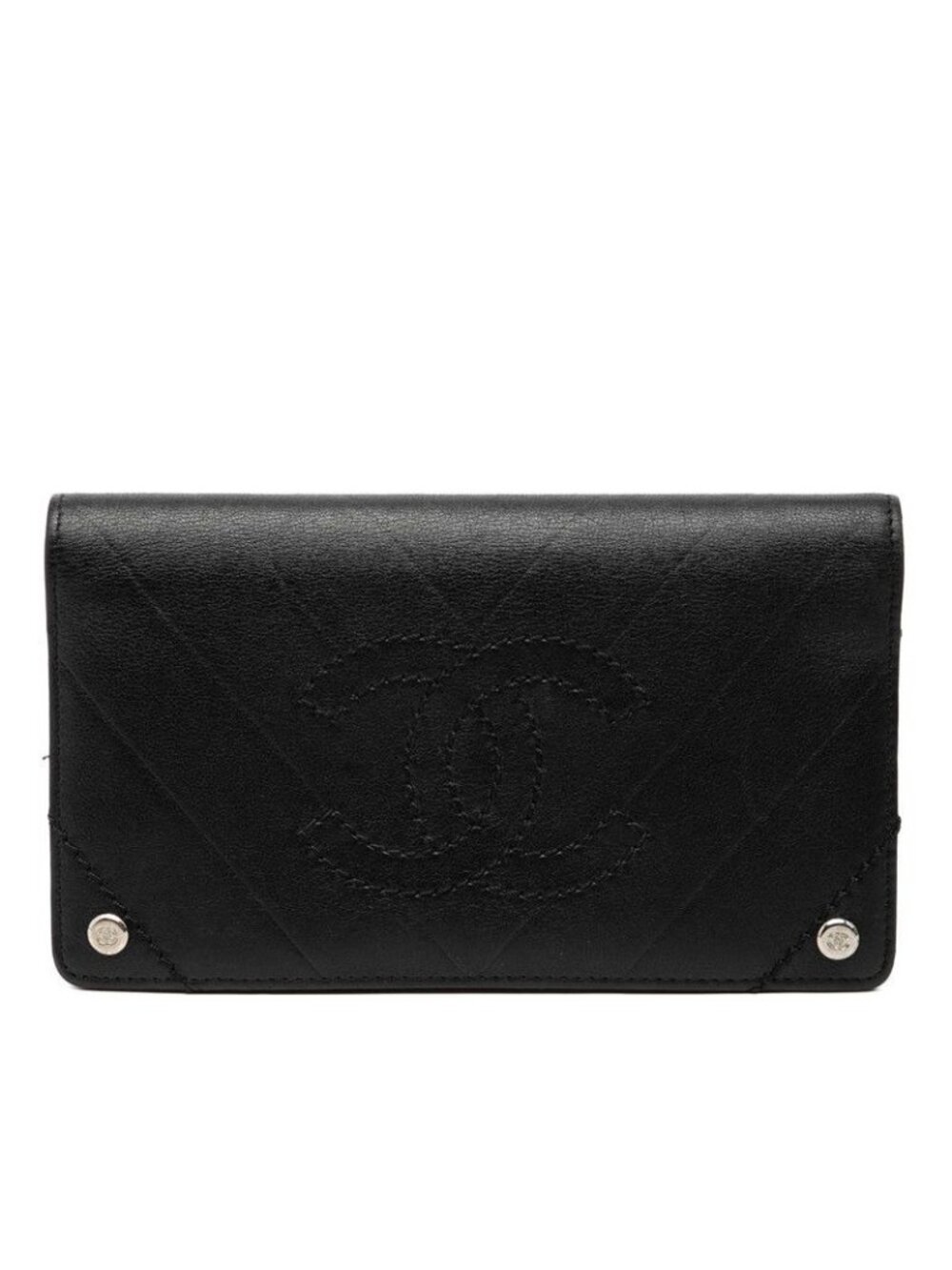 Chanel Stitch CC Logo Bifold Wallet Black Lambskin